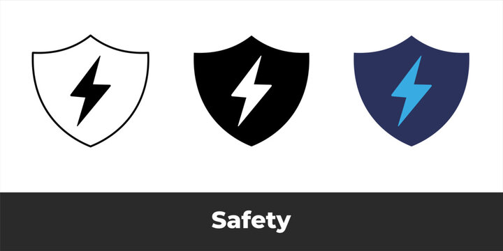 Electric Safety Shield Icon Set with Lightning Bolt Protection Symbol for Cybersecurity, Insurance, Technology, Power, Apps and UI Design