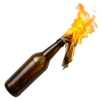 An incendiary device consisting of an amber glass bottle filled with liquid and a flaming rag stuffed into the neck, isolated on a white background.