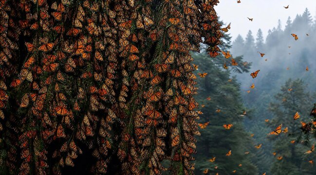 Thousands of Monarch Butterflies Migrating in Misty Pine Forest