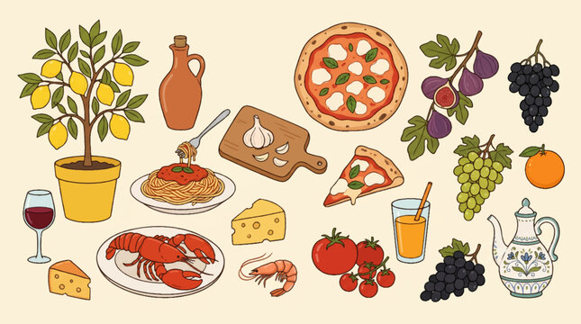 Cute hand drawn Italian cuisine food element asset pack with colorful doodle icons, lemon tree, pizza Margherita, spaghetti pasta, lobster, shrimp, olive oil bottle, cheese, tomatoes, figs, grapes, an