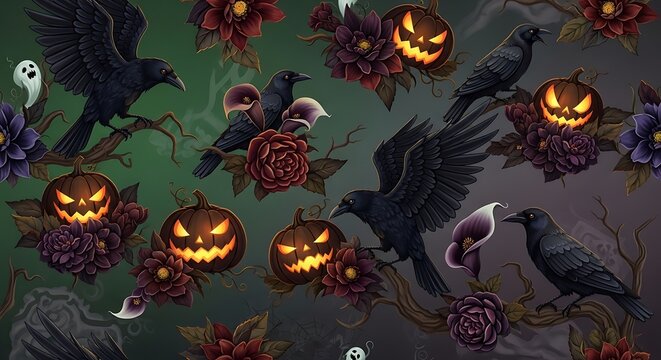 Gothic halloween pattern with black ravens and glowing pumpkins