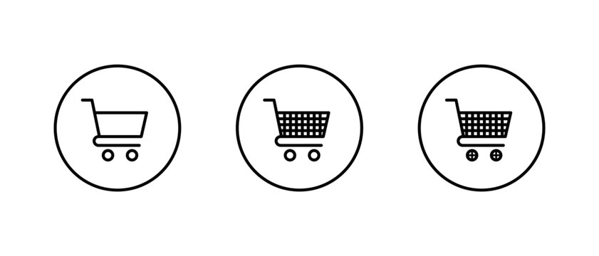 Cart trolley icon set in circular outline. Retail basket symbol. Online purchase and checkout sign