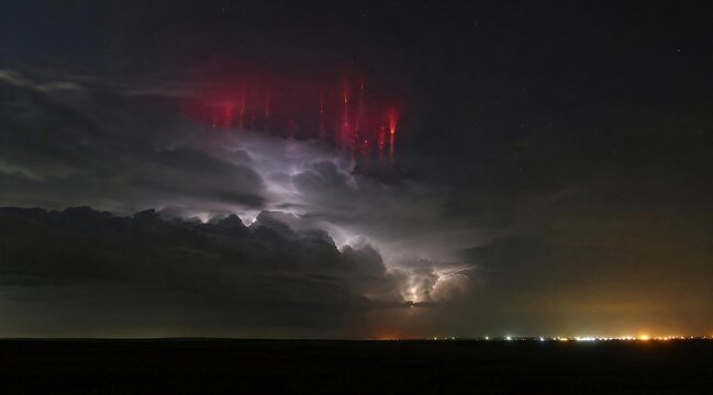 Rare Red Sprites Lightning Above Thunderstorm Clouds at Night