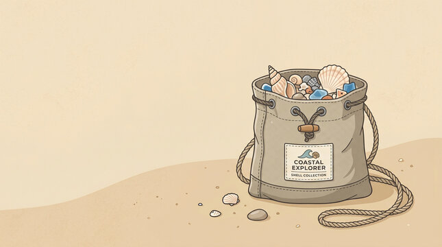 Minimal vector illustration featuring a shell collection pouch on a sand-colored background.
Inspired by beachcombing and coastal exploration activities.