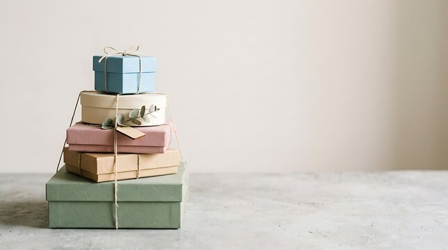 Stack of elegant pastel gift boxes tied with twine on gray stone