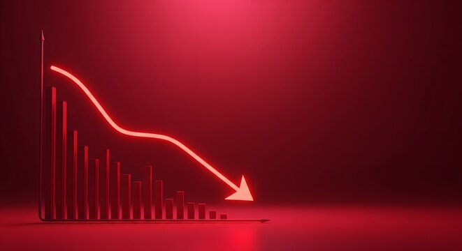 A red three-dimensional bar chart showing a downward trend with a glowing arrow against a dark red background symbolizing economic loss.