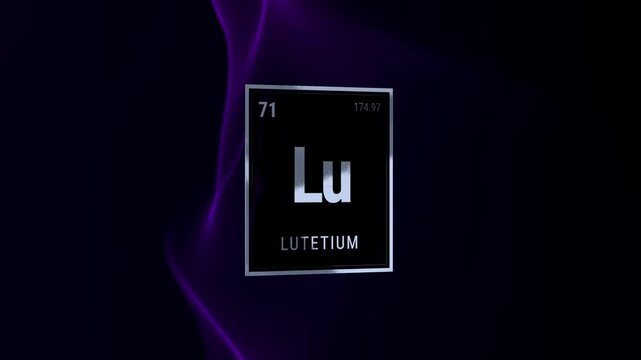 Lutetium element on periodic table square with purple smoke background
