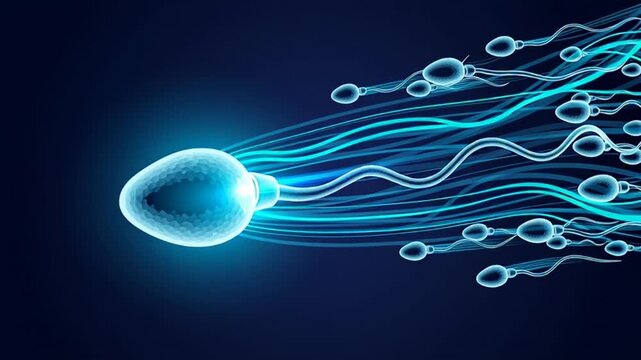 Microscopic view of blue glowing sperm cells swimming. 4k video