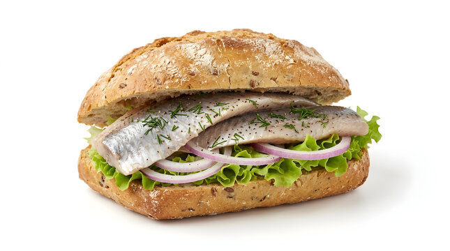 Fresh Northern German Fischbr&ouml;tchen crusty roll sandwich with pickled herring and onions, isolated on a pure white background