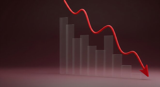 Red arrow pointing downwards over glass bar chart representing financial loss and stock market crash on dark background