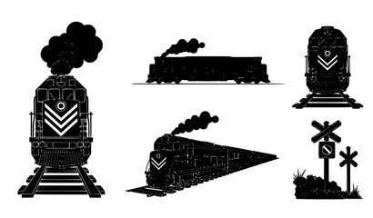 Vintage Steam Train Locomotive Silhouette Set with Front Side Perspective Views and Railway Crossing Sign for History Logistics and Transportation Vector Graphics © Hosneara