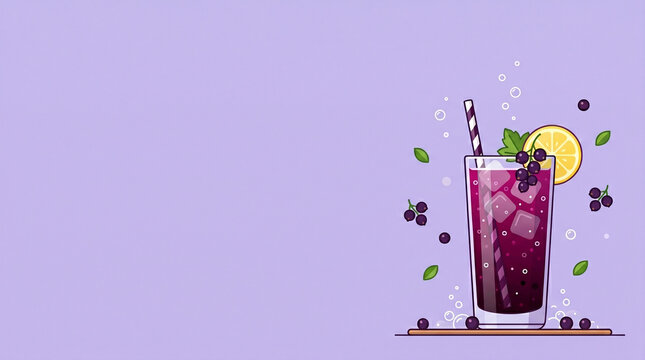 Minimal vector illustration featuring a cassis soda cocktail on a lavender background.
Combines berry-inspired color and refreshing summer beverage appeal.