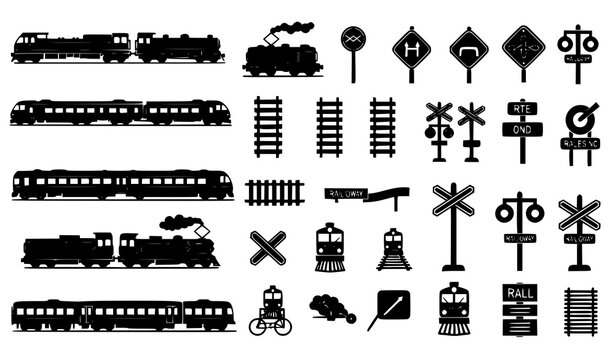 Black Locomotive Train Silhouette Vector Icon Set Featuring Railroad Tracks Semaphores Crossing Signs and Vintage Engines for Logistics Graphic Designs