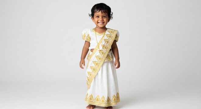 Smiling Little Girl Wearing Traditional White and Gold Ethnic Dress Isolated on Light Gray Background
