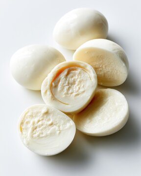 Six pieces of fresh mozzarella cheese, one sliced open to reveal its soft, creamy texture.