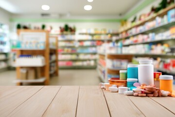Fototapeta premium Various prescription and over-the-counter medications displayed on a wooden surface with a blurred pharmacy background.