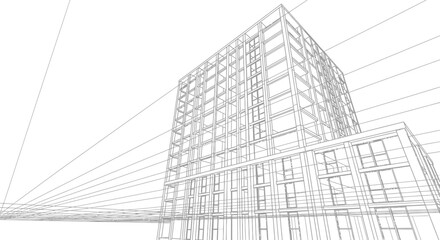 Fototapeta premium Architectural perspective wireframe drawing of a modern building