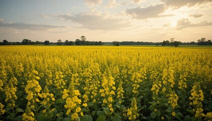 Fototapeta premium A serene landscape of a vast field of bright yellow flowers under a cloudy sky during sunset or sunrise with trees in the distance
