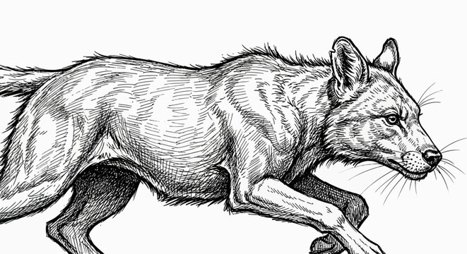 Detailed scientific sketch of a running wolf hand drawn illustration