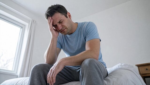 Young Man Suffering from Severe Migraine and Stress Sitting on Bed