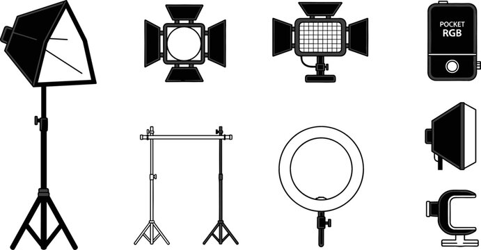 Photography Studio Lighting Equipment Vector Icon Set Featuring Softbox on Tripod Stand Ring Light Background Support System Fresnel Panel and Pocket RGB