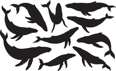 Naklejka premium Ocean inhabitants swimming underwater black silhouette set on grey and white grid pattern background.