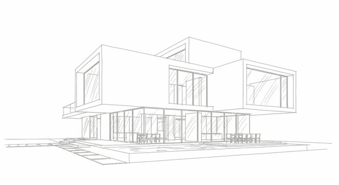 Modern architectural sketch of a luxury contemporary house with cantilevered design