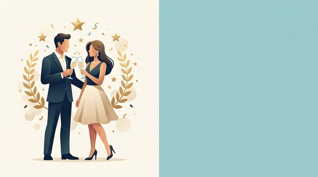 Elegant couple celebrating with champagne toast and copy space