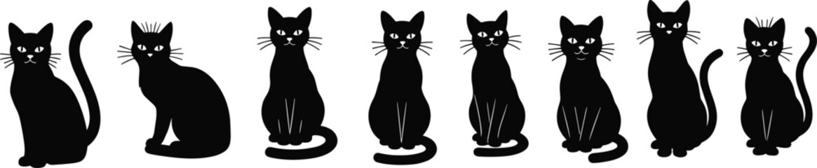 Black cat silhouette set, sitting poses collection, feline icon row, posture variations, minimal animal design, vector illustration © allustra