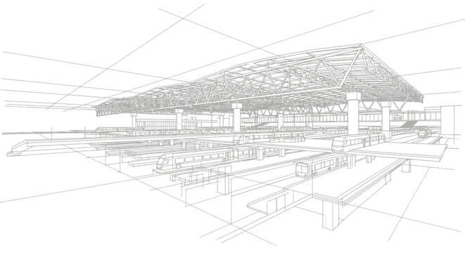 Technical 3D Wireframe Drawing of a Modern Architectural Construction Project