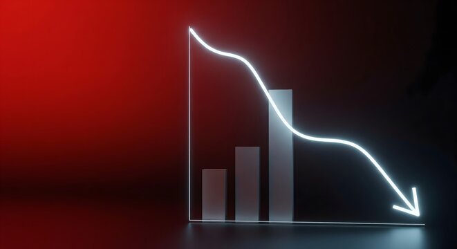 Financial bar chart with a glowing white arrow trending downwards on a dark red and black background.