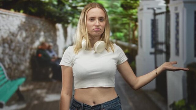 Woman with headphones showing palm up gesture and exposed midriff on narrow street beside white wall and green bench; indifference waiting.