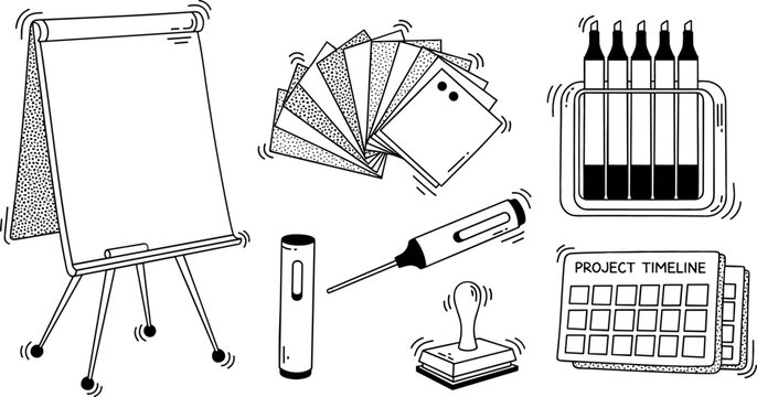 Project Management and Presentation Office Stationery Vector Icon Set with Flipchart Easel Color Swatch Markers Rubber Stamp and Project Timeline Calendar