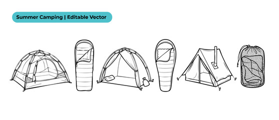Fototapeta premium Camping tent sleeping bag vector icon set featuring line art illustrations of outdoor equipment, camping gear, dome tents, and adventure hiking accessories on white background for summer camping trip.