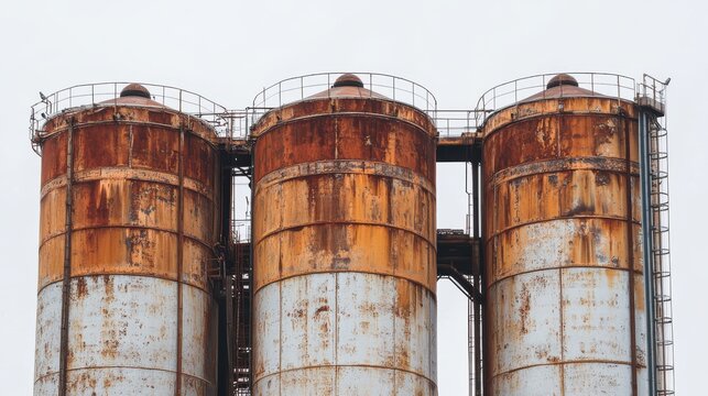 Large rusty industrial storage tanks and structures against sky