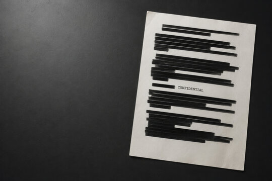 Redacted confidential document on dark surface. Space for text.