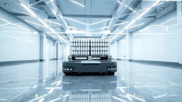 Clean, bright factory corridor with modern lighting. Autonomous robot cart transports stacked goods. Reflective floors highlight futuristic setting. Precision-packed products line shelves