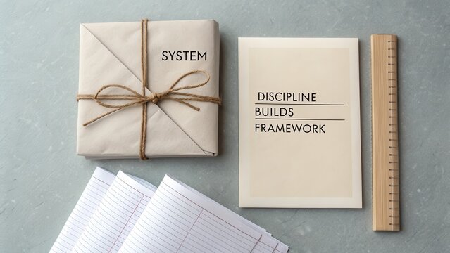 A wrapped paper package tied with string and a card with text