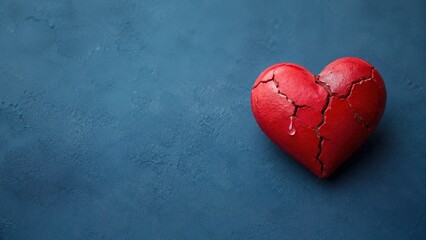 Fototapeta premium Broken Red Heart With Tear on Blue Background, Heartbreak, Loss and Emotional Pain Concept