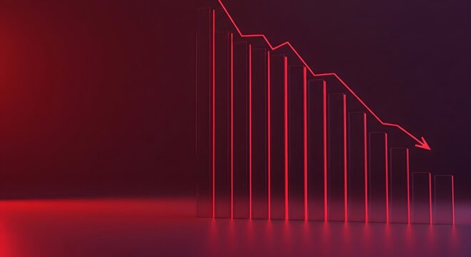 3D bar chart with a red downward arrow representing a financial crash or economic decline on a dark background