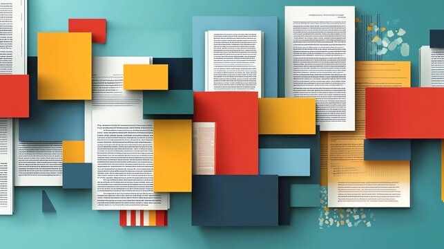 Colorful Abstract Books and Documents on Blue Background for Educational and Creative Projects