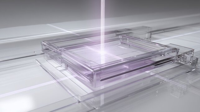 Futuristic microchip manufacturing process with glowing purple laser beam etching glass semiconductor quantum computing architecture