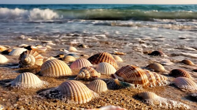 A variety of natural seashells including scallops and spiral shells scattered across a soft sandy beach shore during a bright sunny day, showcasing coastal marine life details.