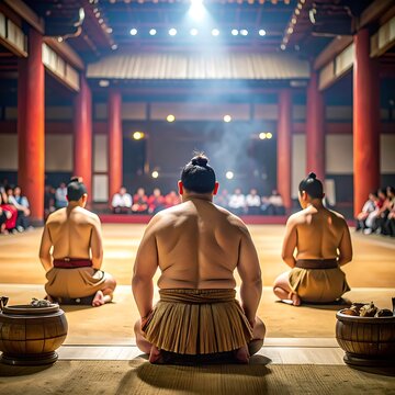 Sumo wrestlers in traditional dohyo arena.