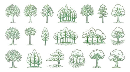 Collection of Hand-Drawn Green Trees, Forest Elements, Nature Icons © Yumna