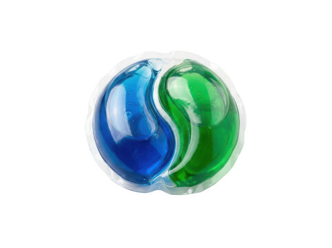 Laundry detergent pod with blue and green liquid isolated on transparent background