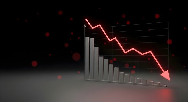 Financial stock market graph with a red glowing arrow pointing downward on a dark background representing economic recession.