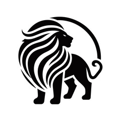 Obraz premium A striking black silhouette of a majestic lion with a flowing mane, standing within a partial circular frame.