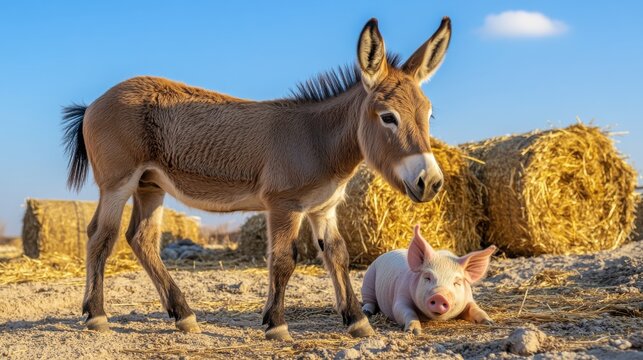 Young donkey trotting playfully beside a snoozing piglet