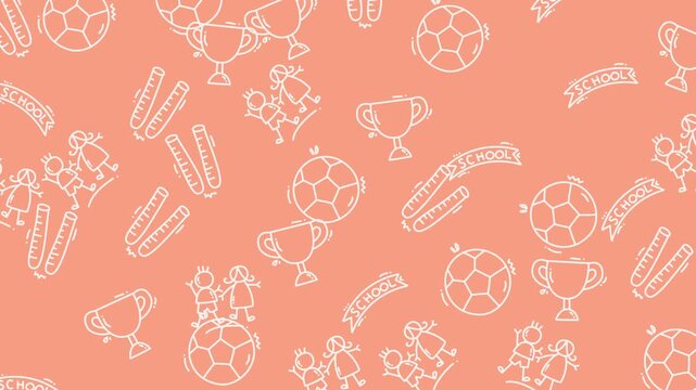 White line drawing soccer balls, school trophies, children rulers on pink background pattern. Suitable for sports or educationthemed designs.